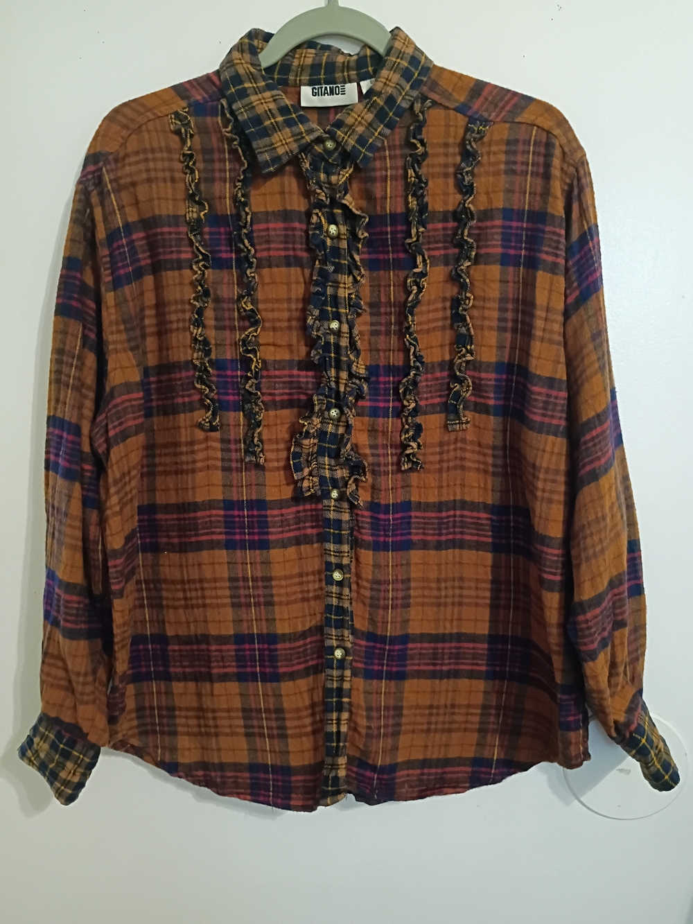 VTG Gitano Women's Ruffle Plaid Button-Up Flannel Shirt in Tan/Blue Sz L